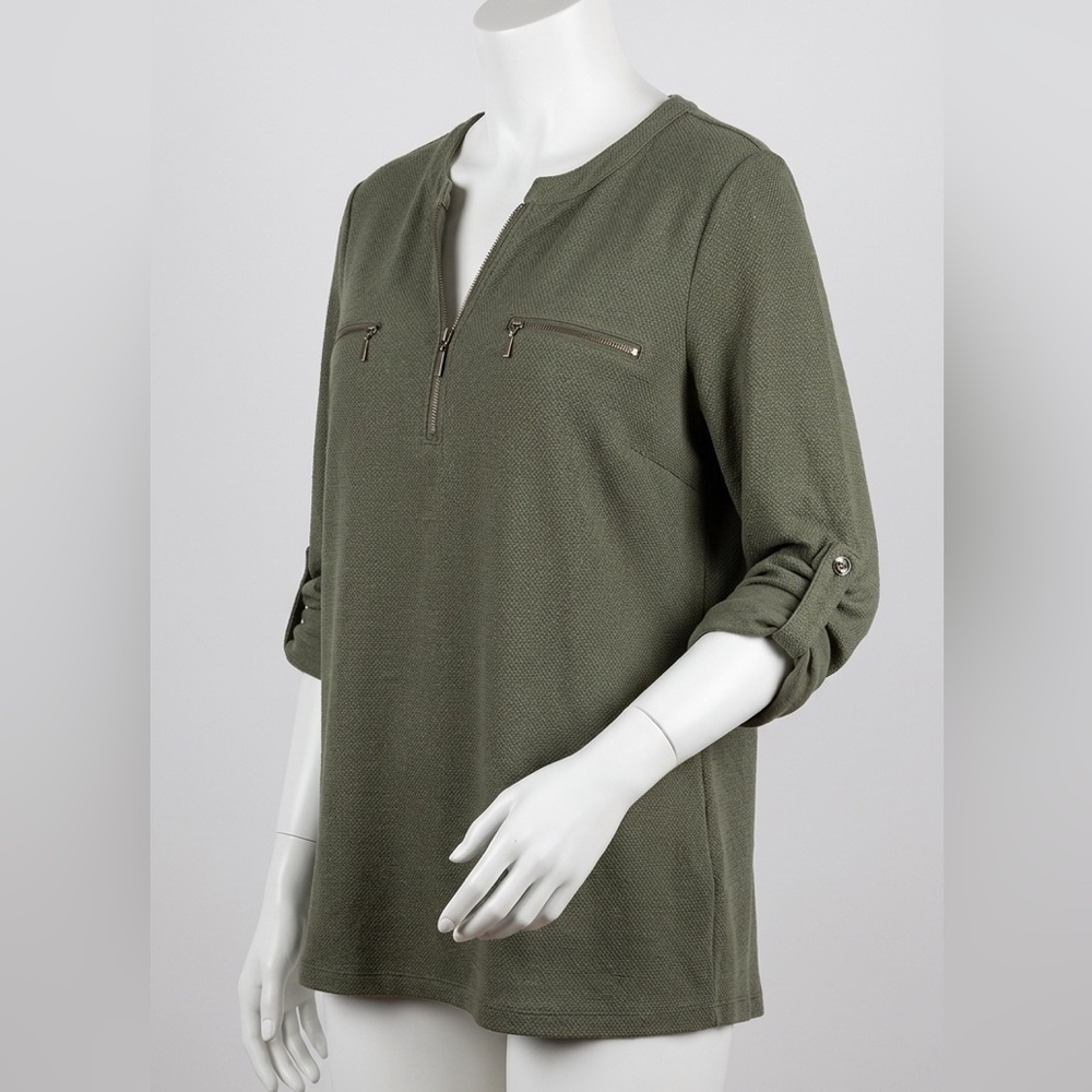 Tahari Olive Green Quarter Zip Tunic Top Roll Up Long Sleeve Women’s XL
